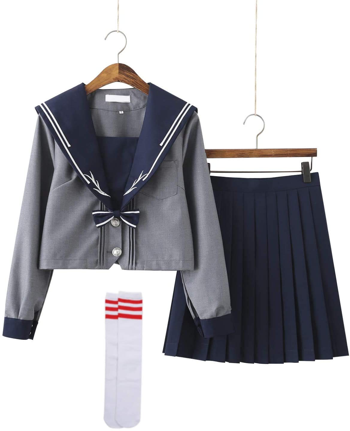 (City Sea Sky) セーラー服 長袖 三点セット 女子高校生 学生服 清純コスプレ グレー+紺 紺色の蝶結び 紺地に白いストライプの襟 JK制服 Amazon.co.jp: セーラー服 長袖 三点セット 女子高校生 学生服 清純